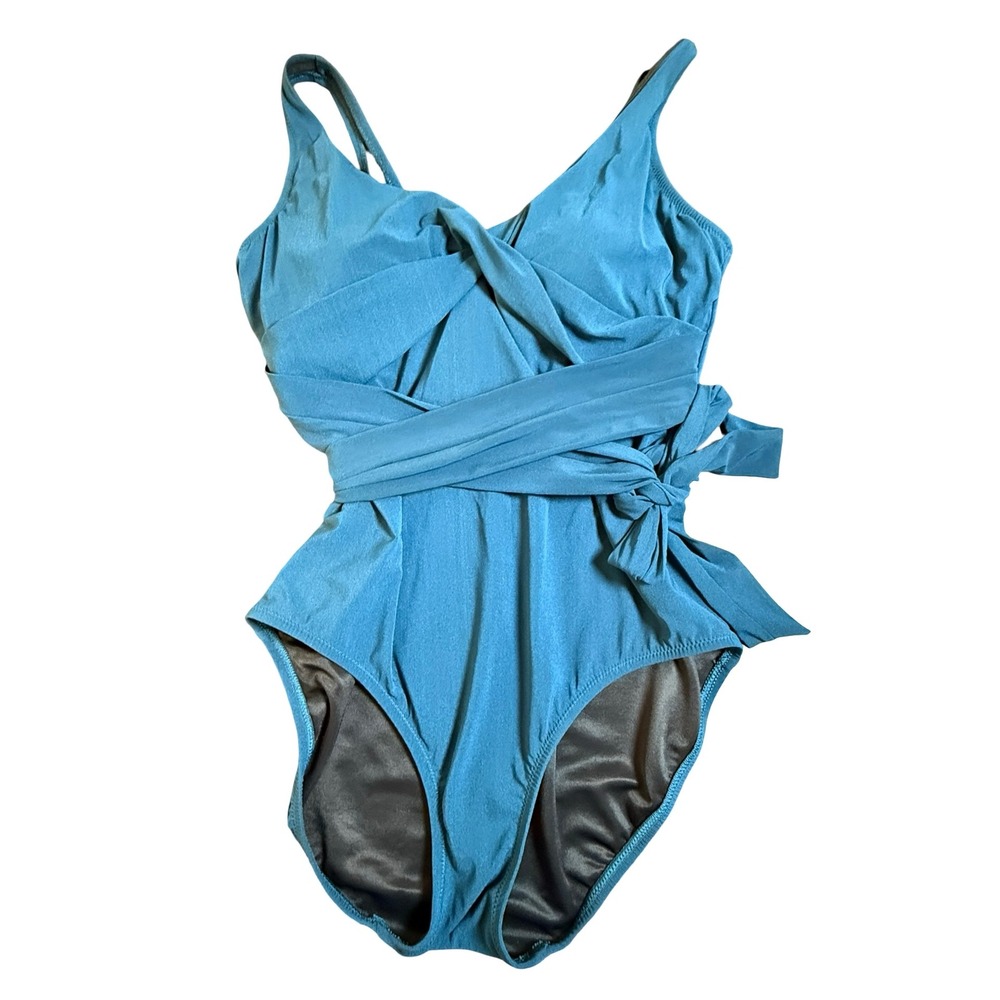 Lands' End Womens Teal Blue Wrap Front One Piece Swimsuit Side Tie Size 10